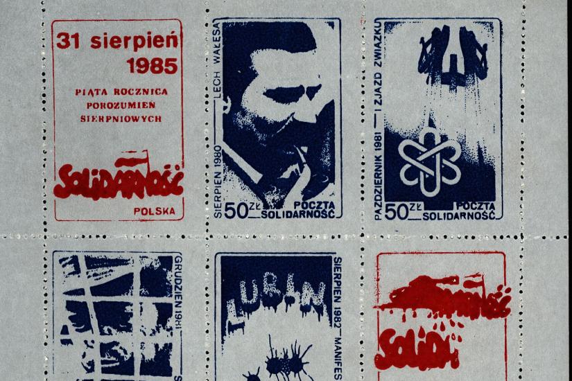 &quot;[Arkusz znaczków podziemnych &quot;Piąta rocznica Porozumień Sierpniowych&quot;]&quot; [Sheet of unofficial stamps &quot;Fifth anniversary of the August Accords&quot;] / Poczta Solidarność., [ca. 1985]. HU OSA 300-55-7_1-1-1; Records of the Radio Free Europe/Radio Liberty Research Institute: Polish Underground Publications Unit: Printed Ephemera.; Open Society Archives at Central European University, Budapest. 