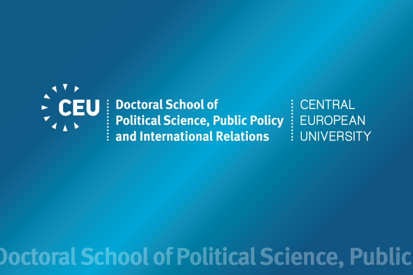 Logo of the Central European University, DSPS, with the words in white color on a blue background, it says Doctoral School of Political Science, Public Policy and International Relations