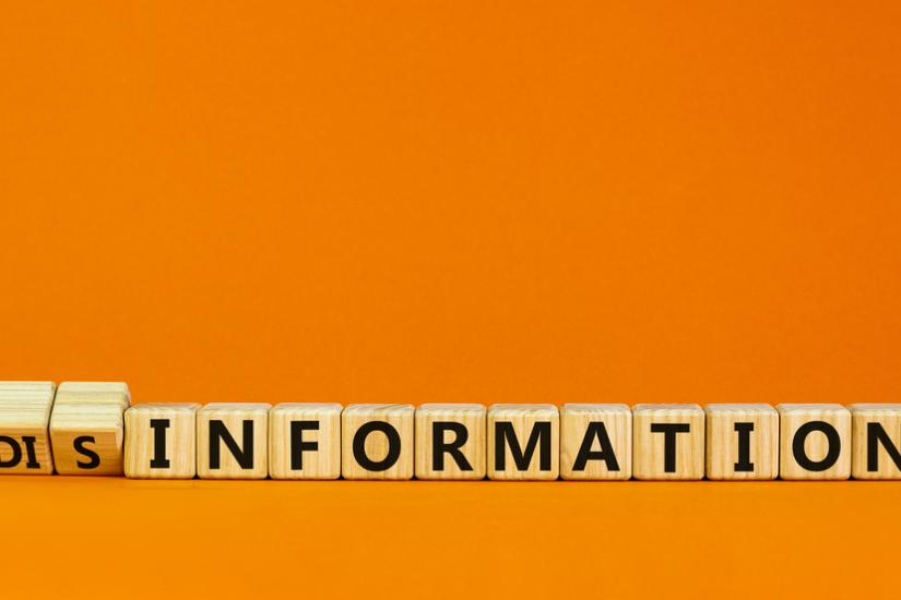 Orange stock photo of the word &quot;disinformation&quot; on wooden blocks. 