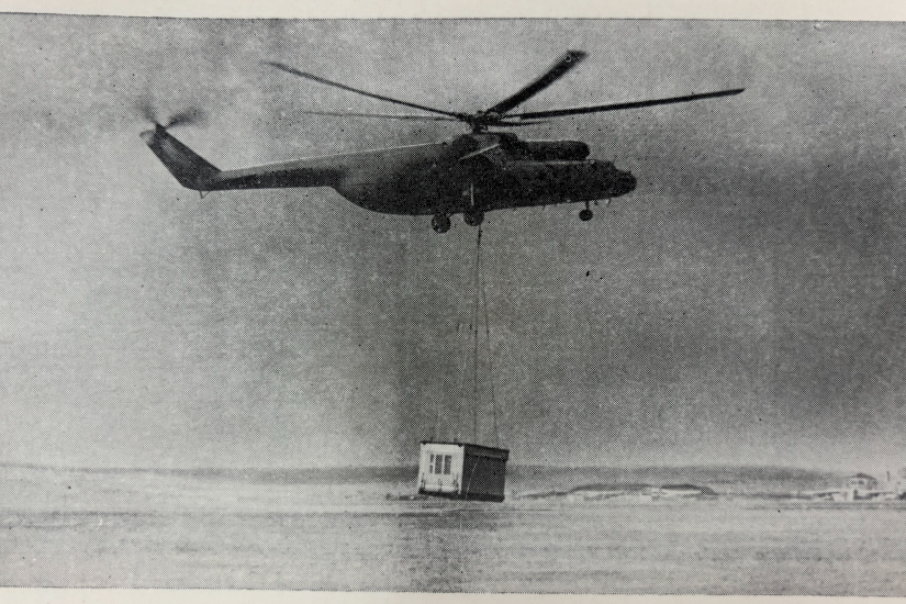 Transportation of block housing units by helicopter for installation in the North of the USSR, Source: Arkhitektura SSSR, 4/1976, the OSA collection
