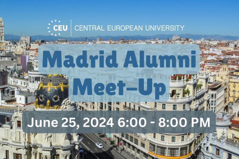 Image of City and text CEU Madrid Alumni Meet-up June 25 6-8PM