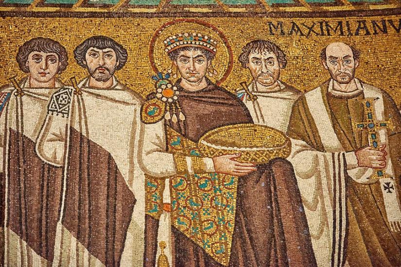 Part of a sixth-century mosaic featuring the Emperor Justinian I in the Basilica of San Vitale, Ravenna