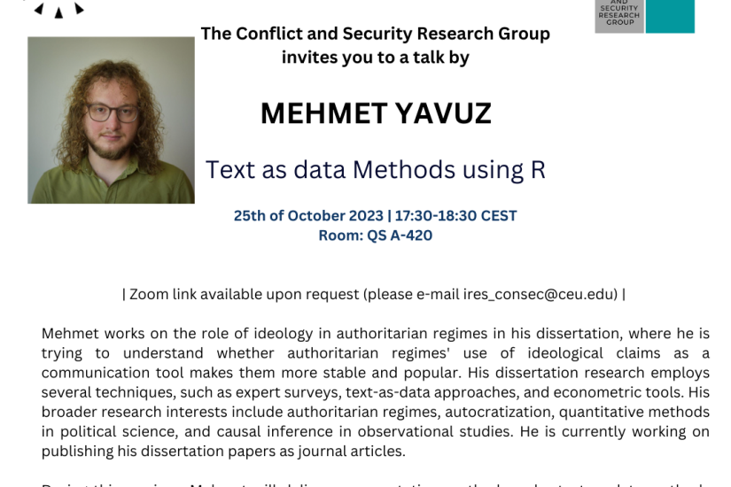Poster, Speaker Mehmet Yavuz, Title: Text as data Methods using R, 25th of October 2023, 17:30 CET